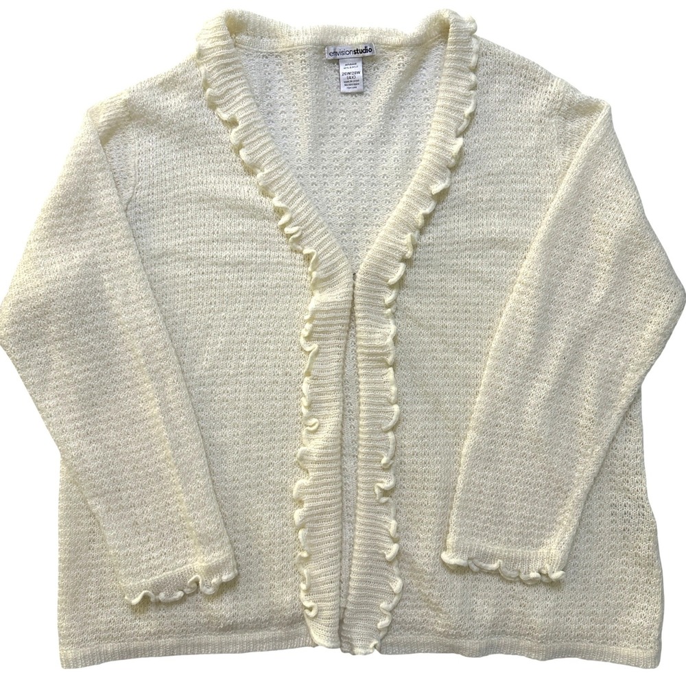 Envision Studio Ruffle Cardigan Sweater 4X Cream Open Knit Crochet Ramie Blend